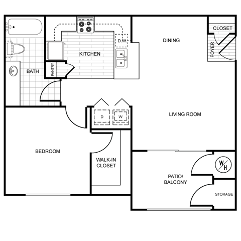 Floor plan for 1 bed, 1 bath, 690 sqft