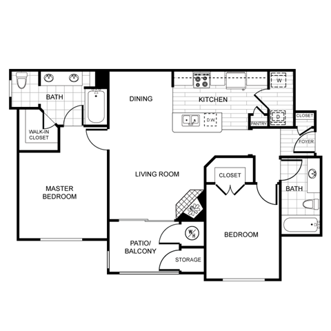 Floor plan for 2 beds, 2 baths, 1100 sqft