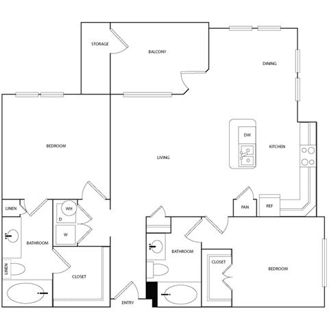 Floor plan for 2 beds, 2 baths, 1154 sqft
