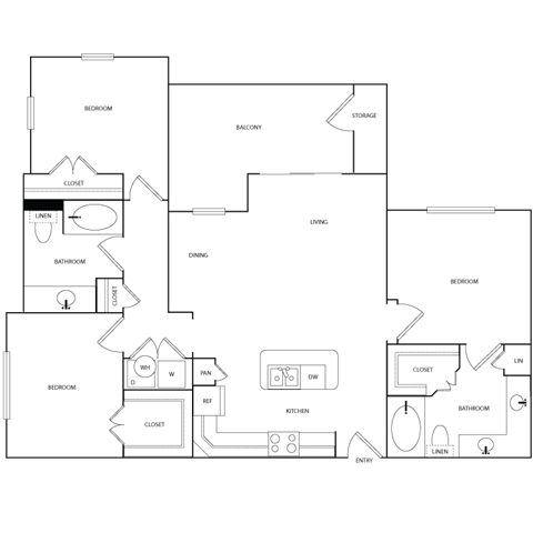 Floor plan for 3 beds, 2 baths, 1250 sqft