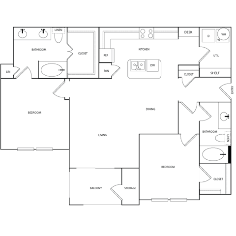 Floor plan for 2 beds, 2 baths, 1200 sqft