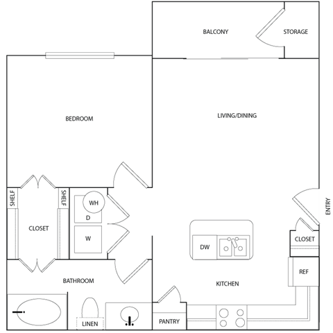 Floor plan for 1 bed, 1 bath, 690 sqft