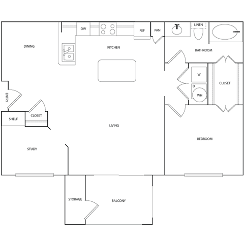 Floor plan for 1 bed, 1 bath, 972 sqft