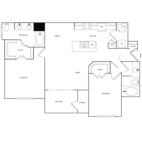 Floor plan for 2 beds, 2 baths, 1100 sqft