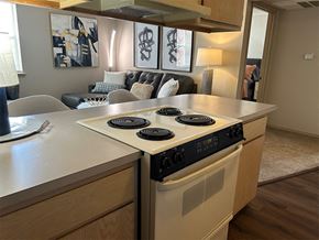 Fayetteville apartment for rent - a kitchen with a stove and a counter top with a living room