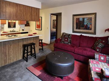 Fayetteville apartment for rent - a living room with a red couch and a kitchen
