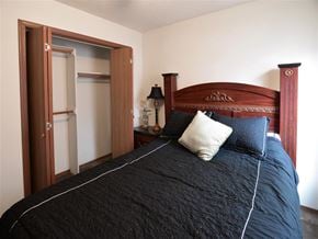 Fayetteville apartment for rent - a bedroom with a bed with a black comforter and pillows