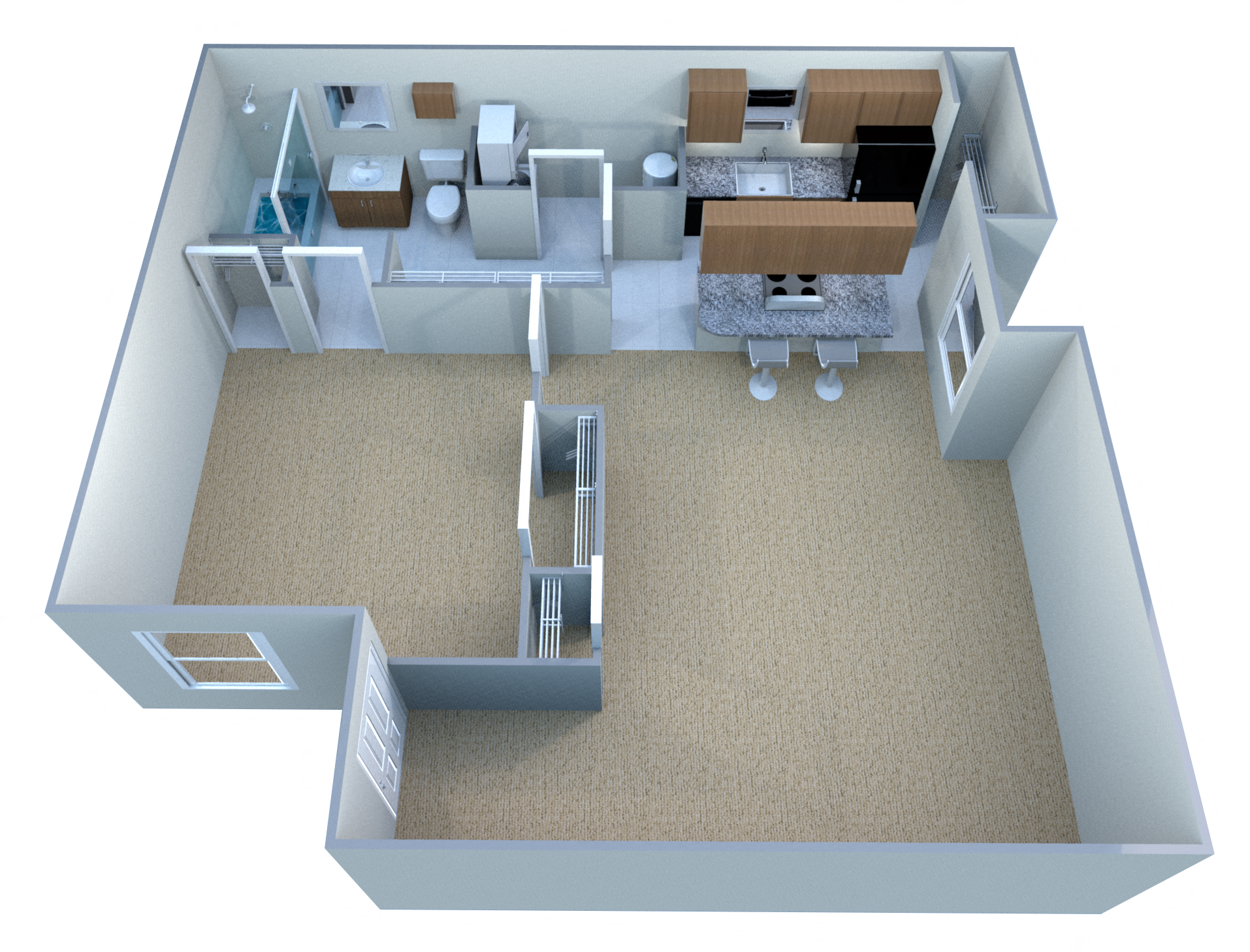 Floor plan for 1 bed, 1 bath, 690 sqft