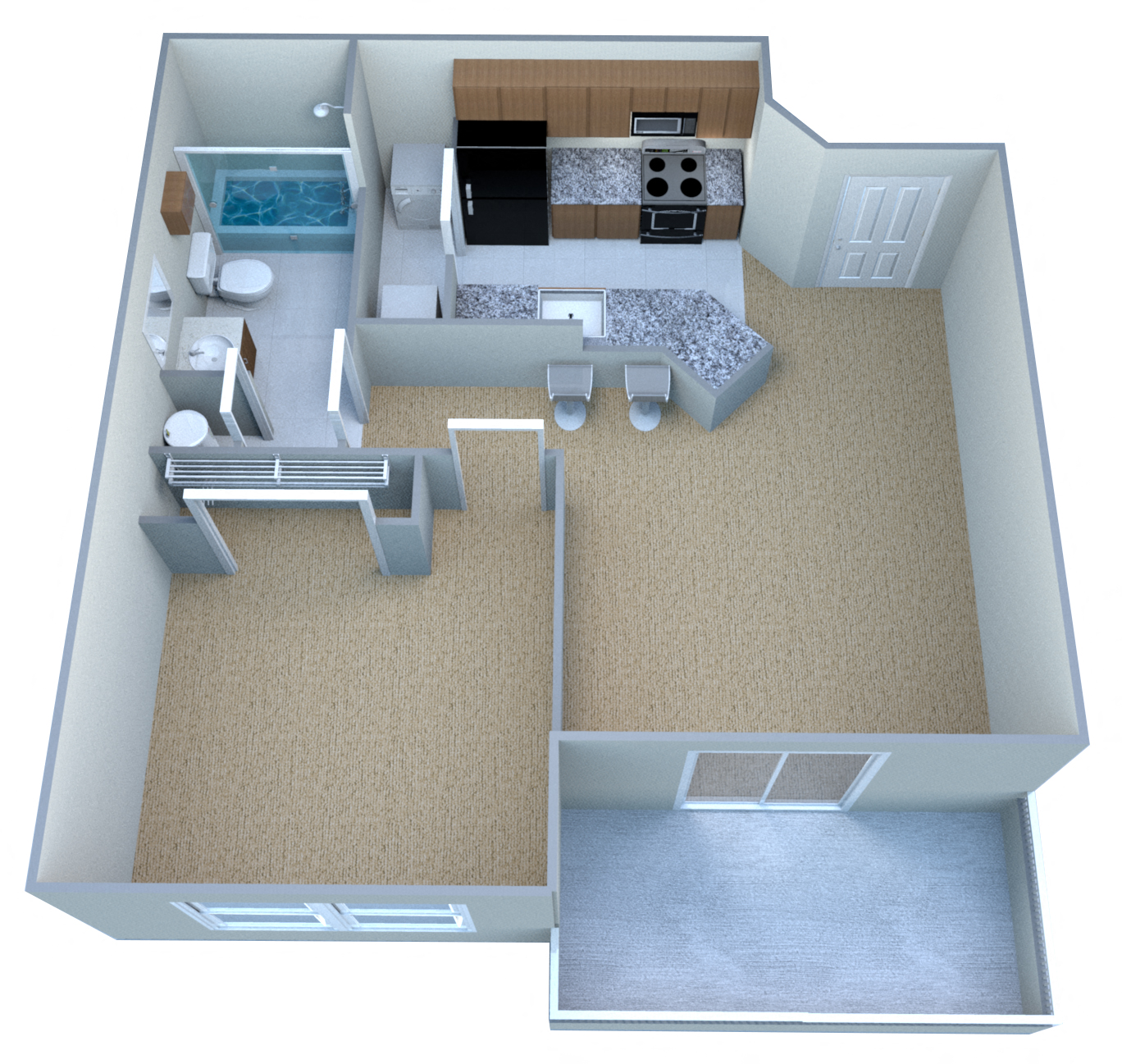 Floor plan for 1 bed, 1 bath, 556 sqft