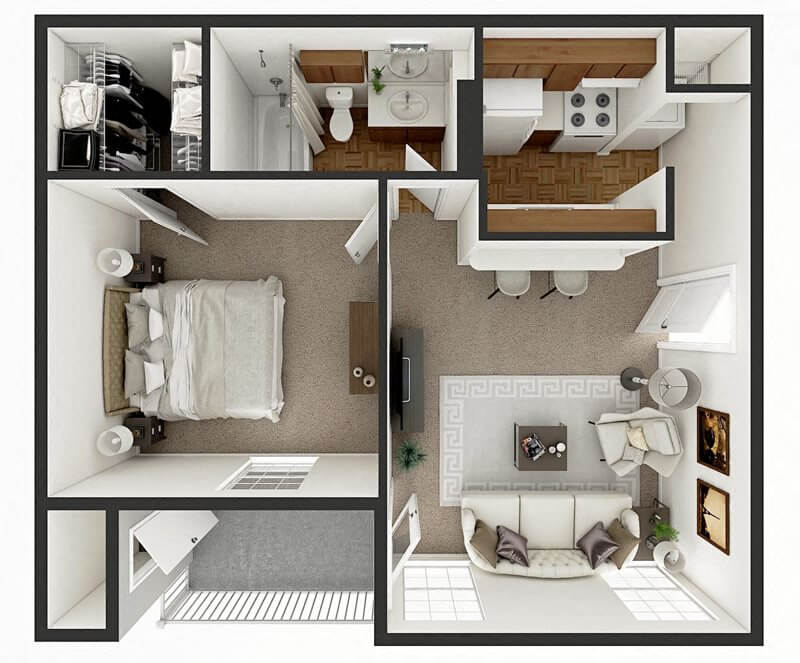 Floor plan for 1 bed, 1 bath, 510 sqft