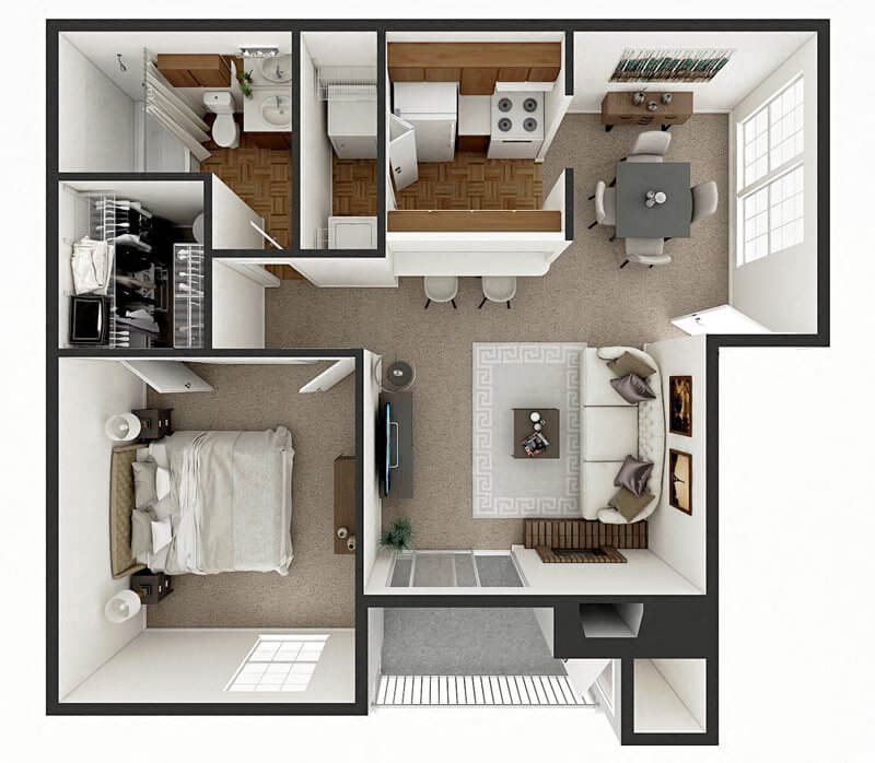 Floor plan for 1 bed, 1 bath, 650 sqft