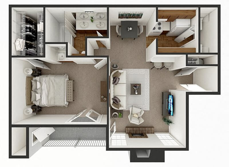 Floor plan for 1 bed, 1 bath, 760 sqft