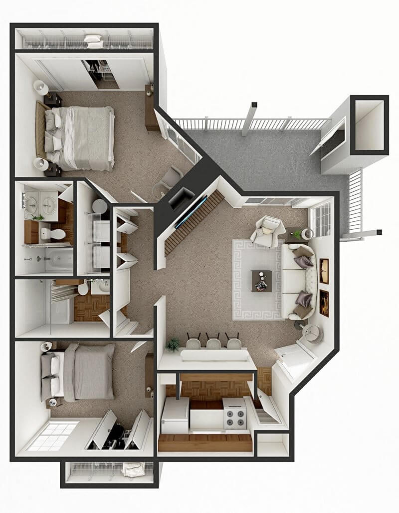 Floor plan for 2 beds, 2 baths, 850 sqft