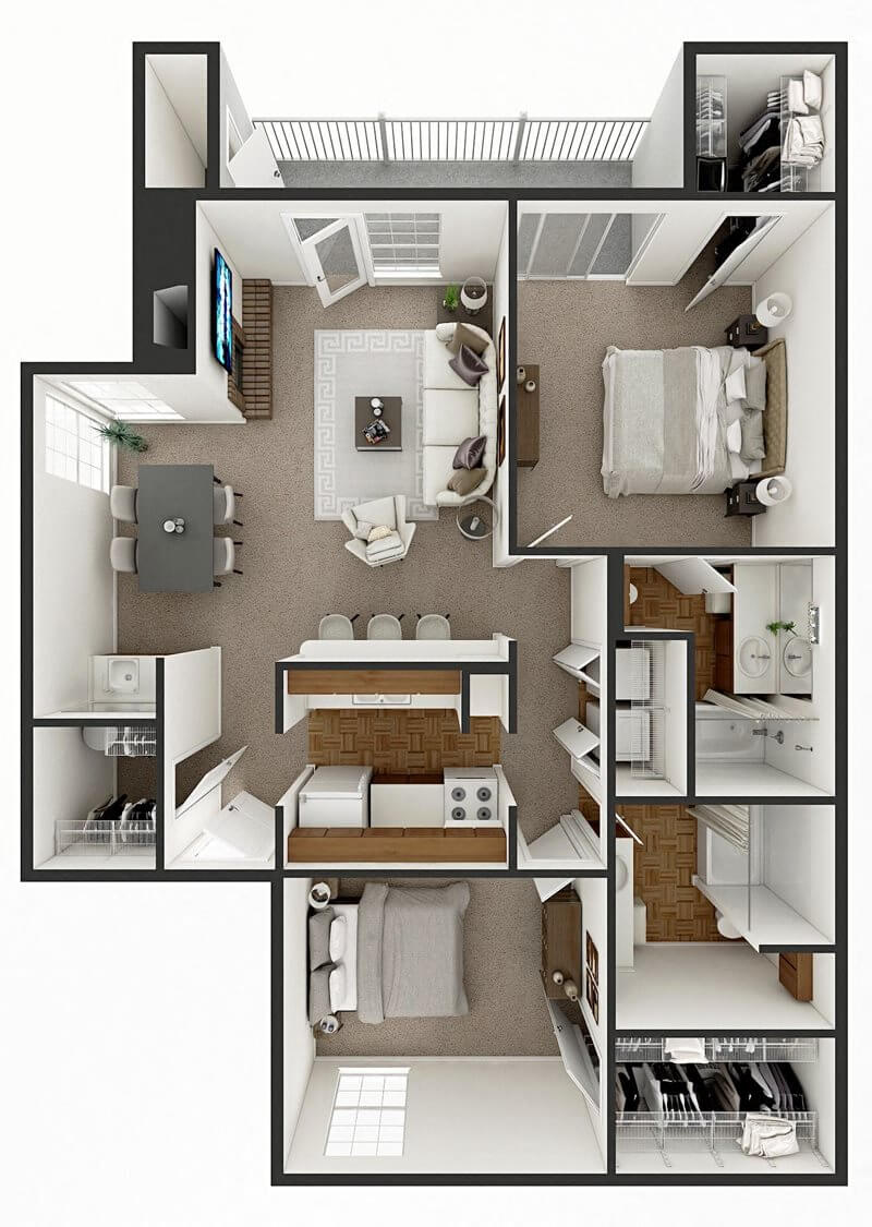 Floor plan for 2 beds, 2 baths, 1040 sqft