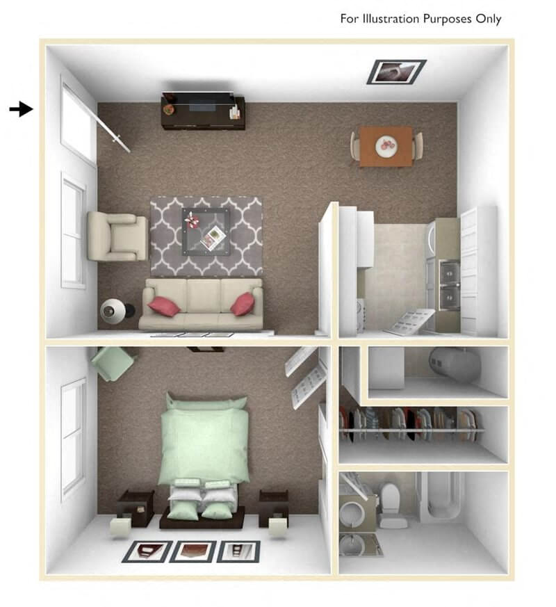 Floor plan for 1 bed, 1 bath, 596 sqft