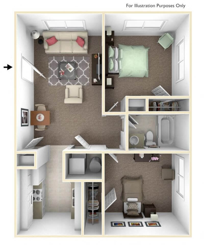 Floor plan for 2 beds, 1 bath, 833 sqft