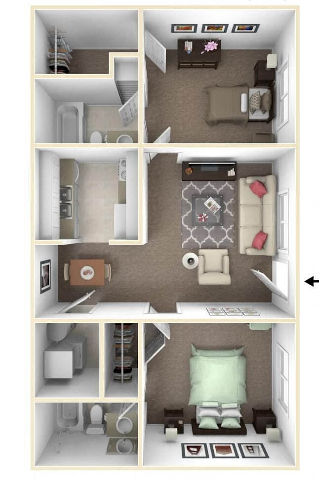 Floor plan for 2 beds, 2 baths, 900 sqft