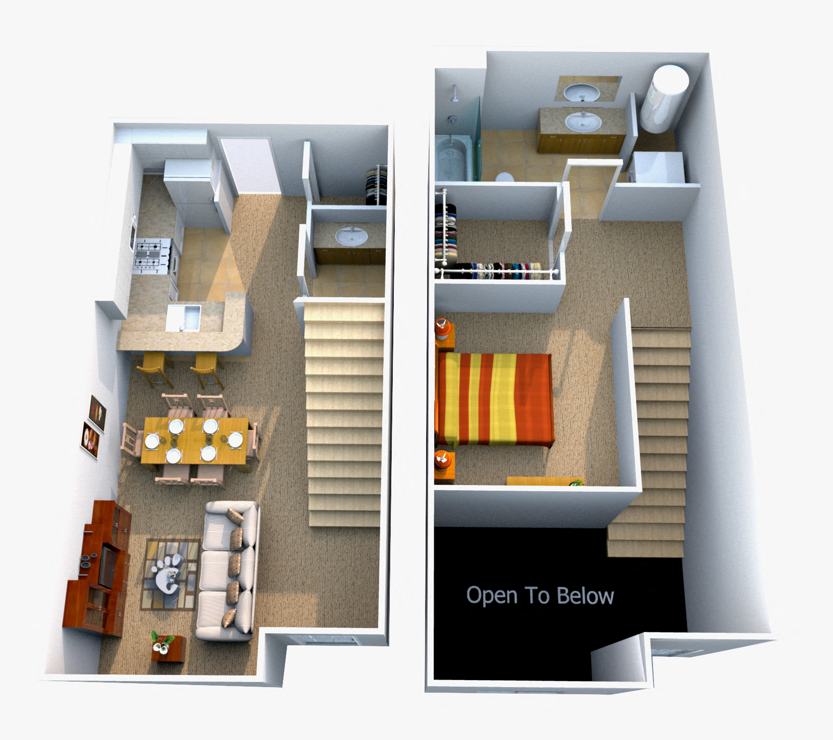 Floor plan for 1 bed, 1.5 baths, 754 sqft