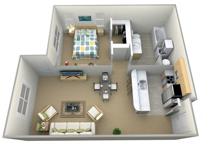 Floor plan for 1 bed, 1 bath, 680 sqft