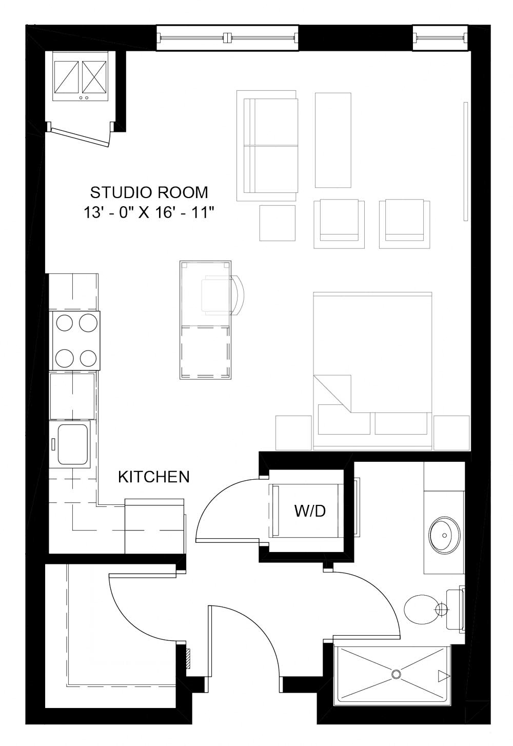 Floor plan for studio, 1 bath, 527 sqft