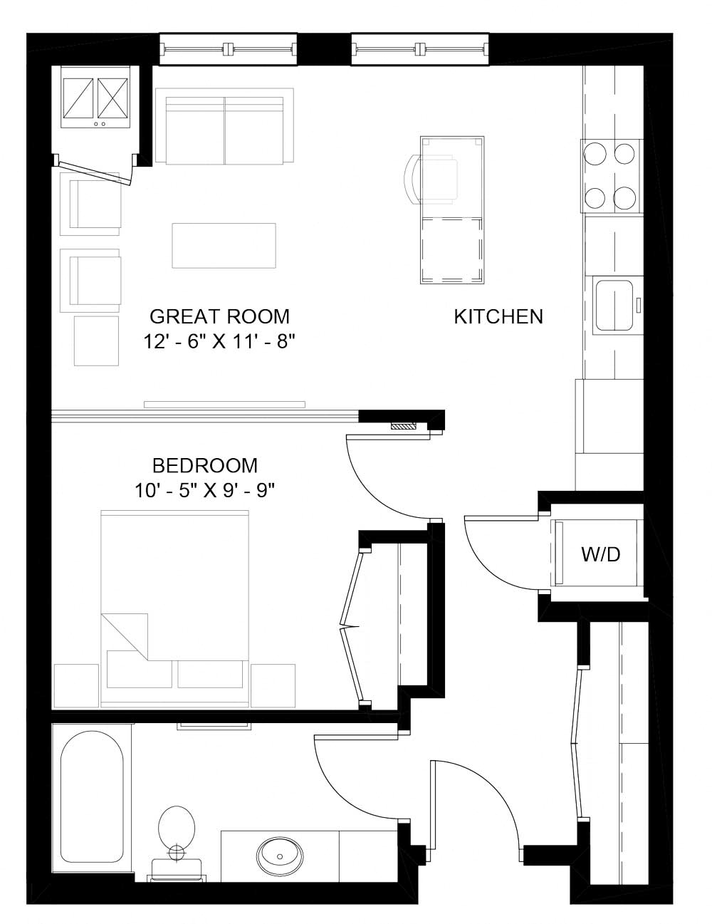 Floor plan for studio, 1 bath, 598 sqft