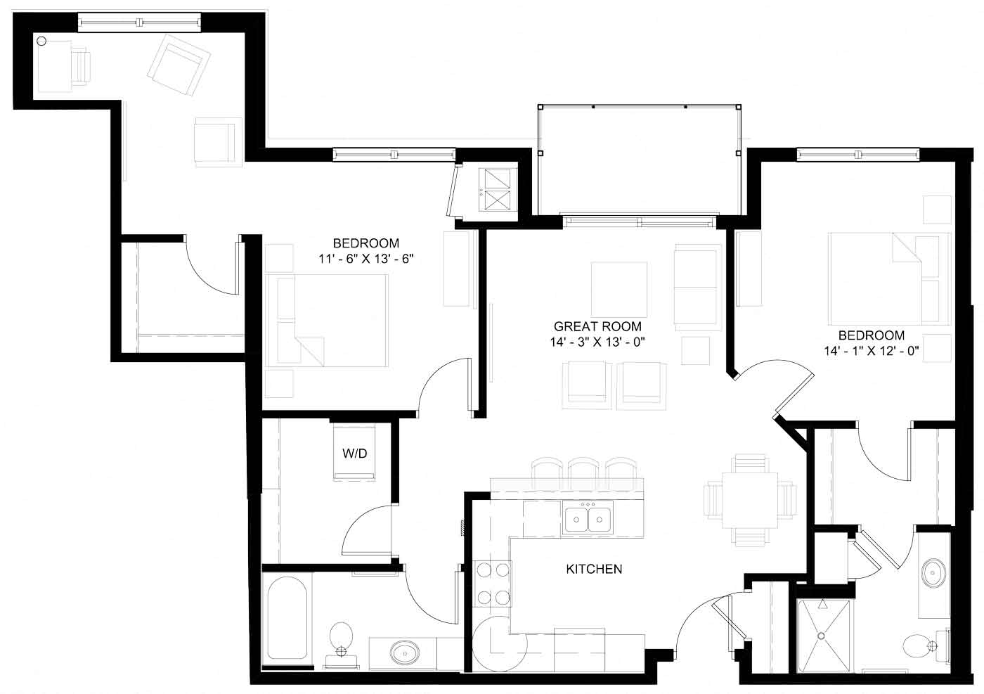 Floor plan for 2 beds, 2 baths, 1220 sqft