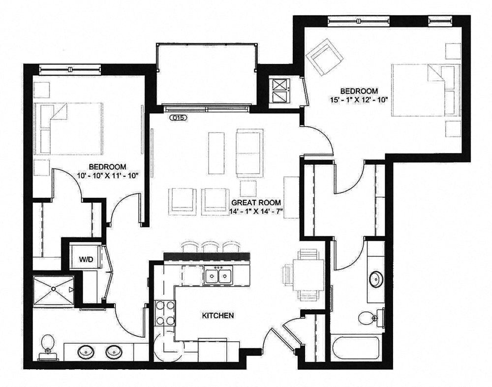 Floor plan for 2 beds, 2 baths, 1105 sqft