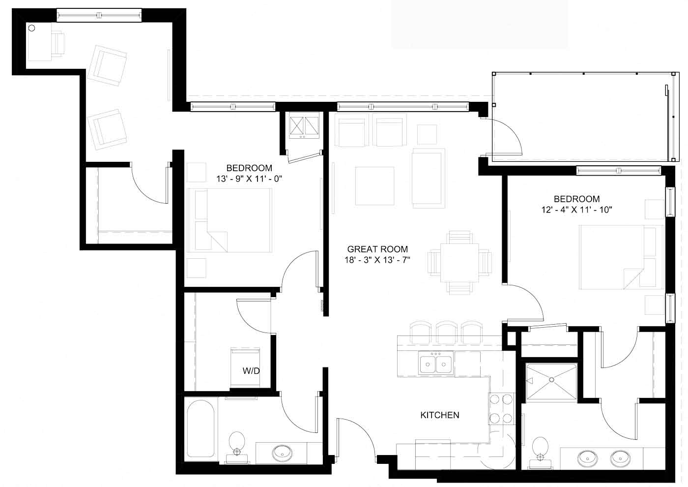 Floor plan for 2 beds, 2 baths, 1213 sqft