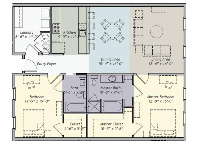 Floor plan for 2 beds, 2 baths, 1300 sqft
