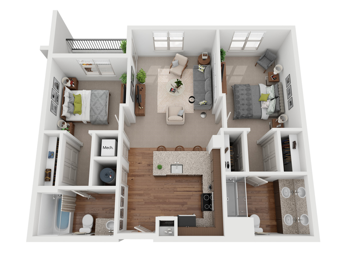 Floor plan for 2 beds, 2 baths, 967 sqft