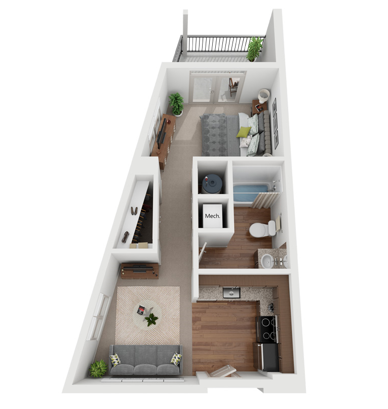 Floor plan for 1 bed, 1 bath, 517 sqft