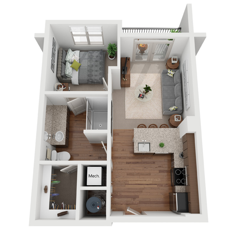 Floor plan for 1 bed, 1 bath, 624 sqft