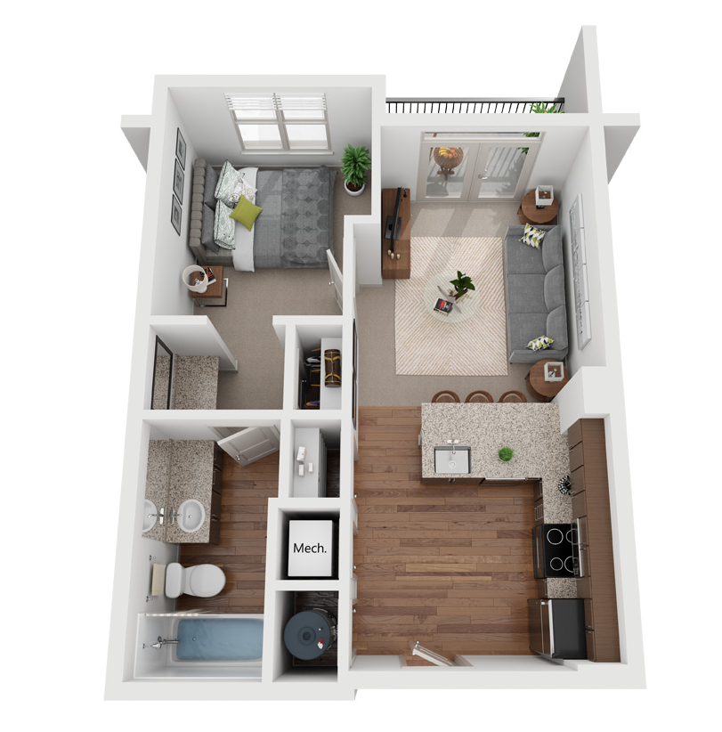 Floor plan for 1 bed, 1 bath, 532 sqft