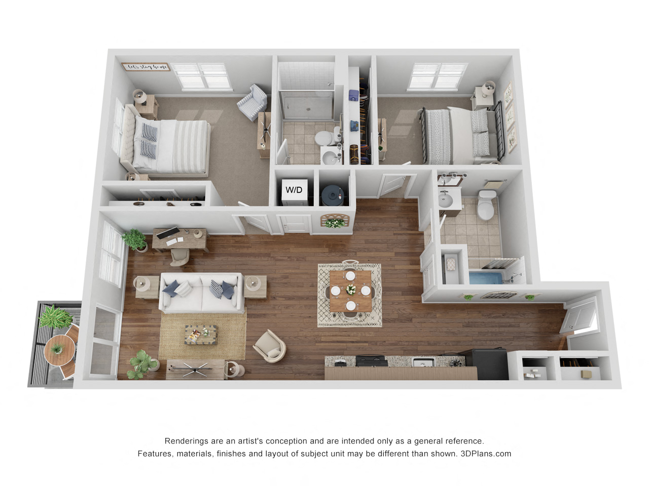 Floor plan for 2 beds, 2 baths, 1050 sqft