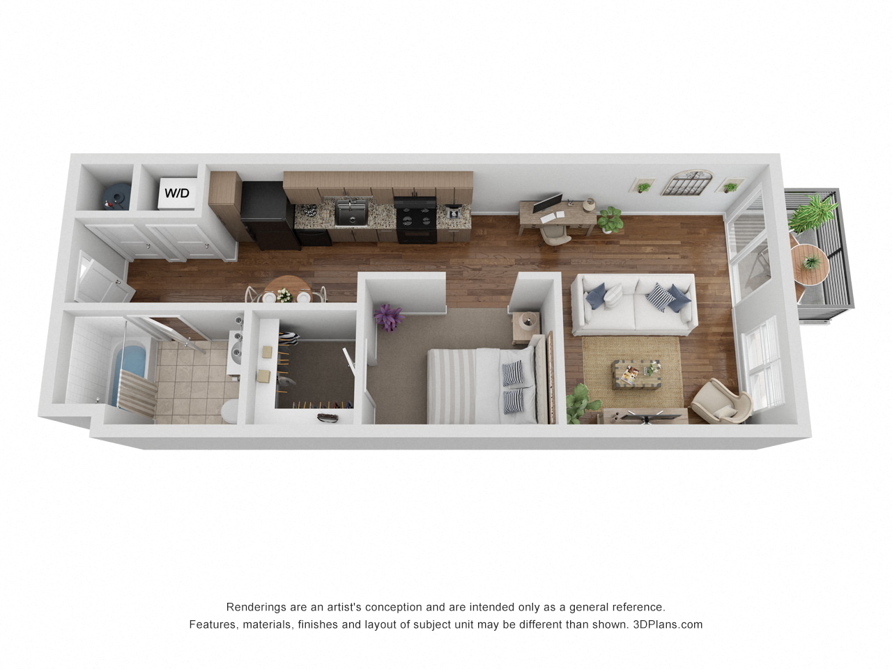 Floor plan for studio, 1 bath, 580 sqft