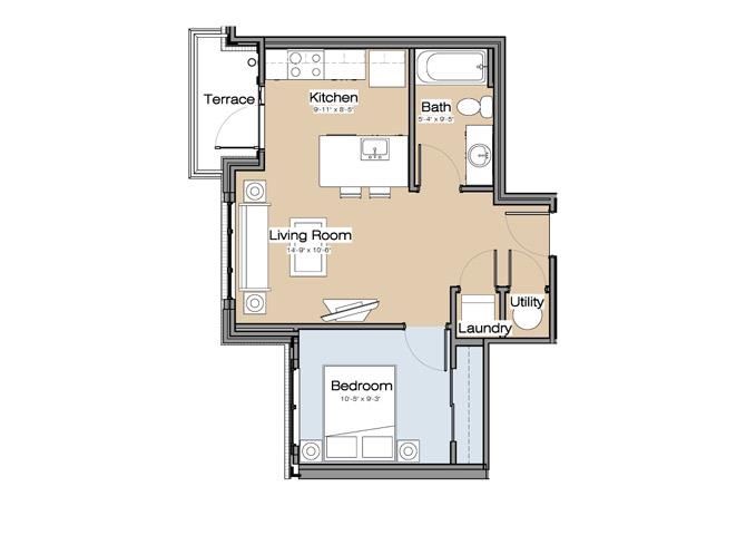 Floor plan for 1 bed, 1 bath, 563 sqft