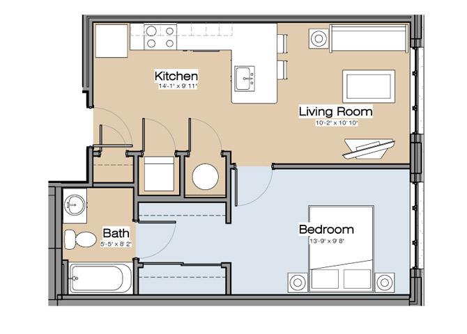 Floor plan for 1 bed, 1 bath, 582 sqft