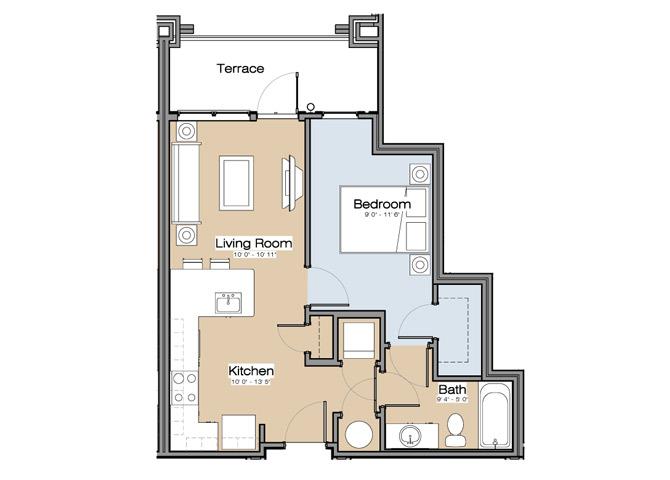 Floor plan for 1 bed, 1 bath, 643 sqft