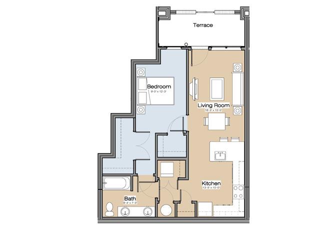 Floor plan for 1 bed, 1 bath, 865 sqft