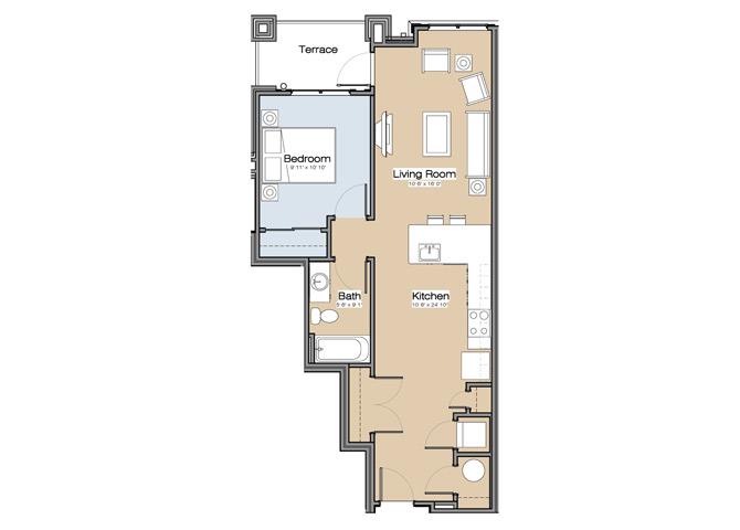Floor plan for 1 bed, 1 bath, 755 sqft
