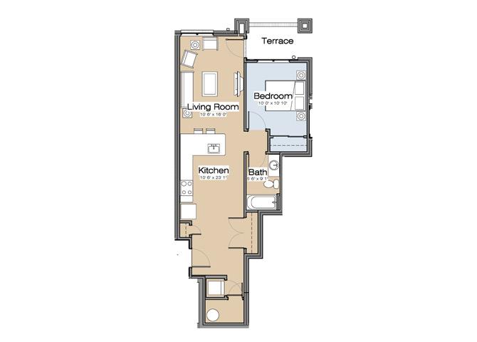 Floor plan for 1 bed, 1 bath, 794 sqft