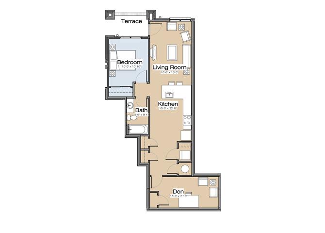 Floor plan for 1 bed, 1 bath, 895 sqft