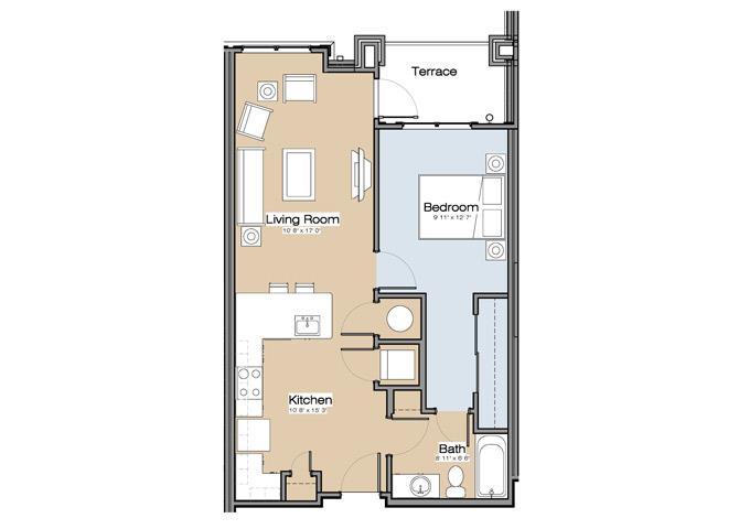 Floor plan for 1 bed, 1 bath, 752 sqft