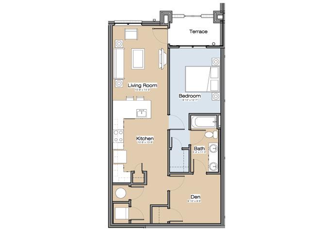 Floor plan for 2 beds, 1 bath, 873 sqft