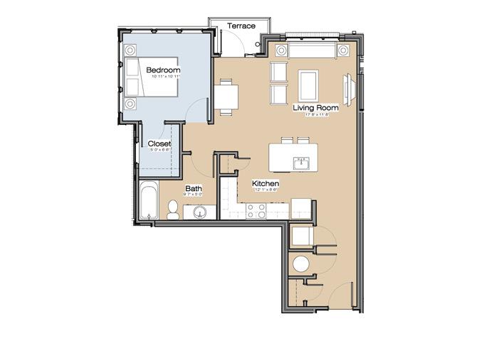 Floor plan for 1 bed, 1 bath, 787 sqft
