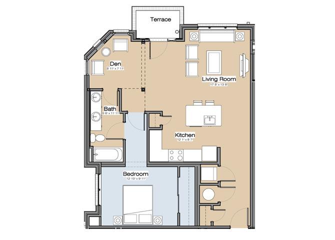 Floor plan for 1 bed, 1 bath, 926 sqft
