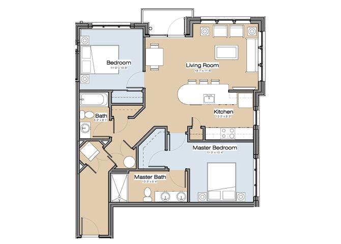 Floor plan for 2 beds, 2 baths, 1035 sqft
