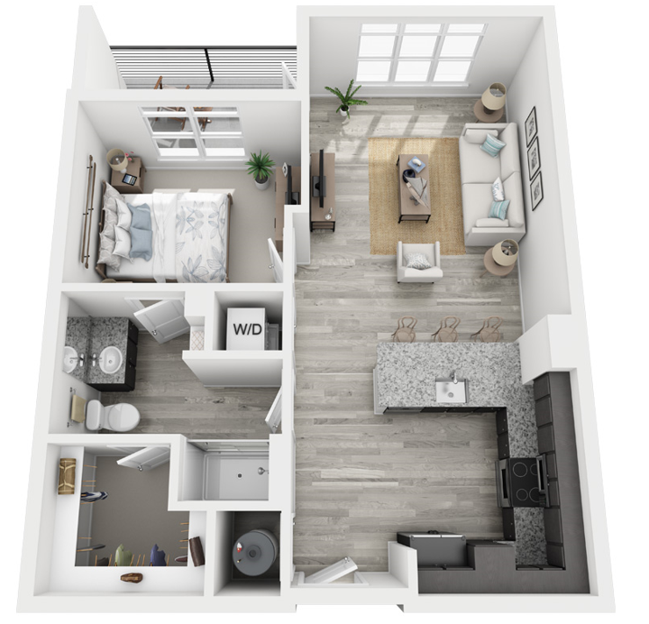 Floor plan for 1 bed, 1 bath, 700 sqft