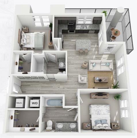 Floor plan for 2 beds, 2 baths, 1005 sqft