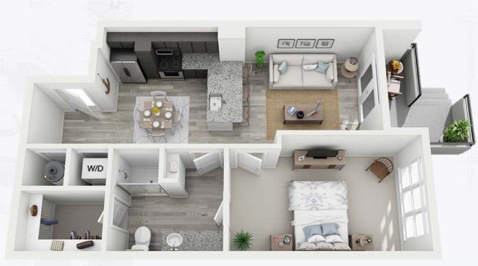 Floor plan for 1 bed, 1 bath, 640 sqft